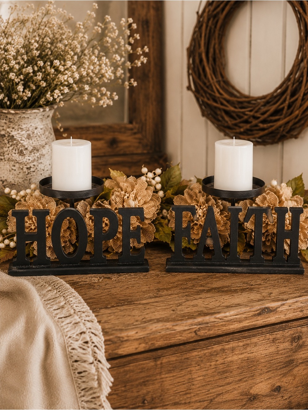 Farmhouse HOPE & FAITH Wood Block Sign Set Rustic Home Decor Shelf Mantel Decor